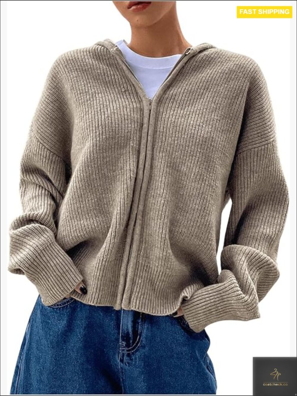 Zip Up Cardigan Hooded Knit Drop Shoulder Long Sleeve Lightweight Y2K Casual